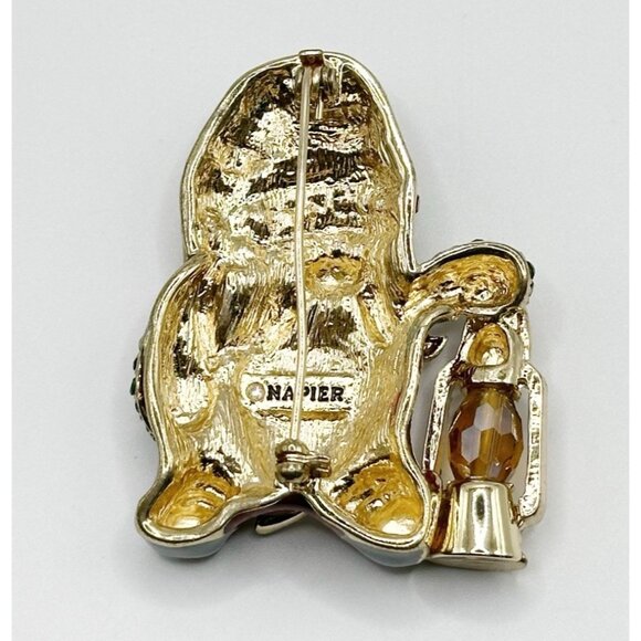 Napier Rhinestone Enamel Holiday Gnome Carrying Lantern Lamp Brooch Pin - Picture 2 of 2